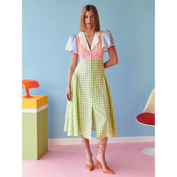CeliaB Dresses & Skirts - CeliaB Women Cotton Tabi Midi Dress Medium Multicolor Gingham Flutter Maximalist